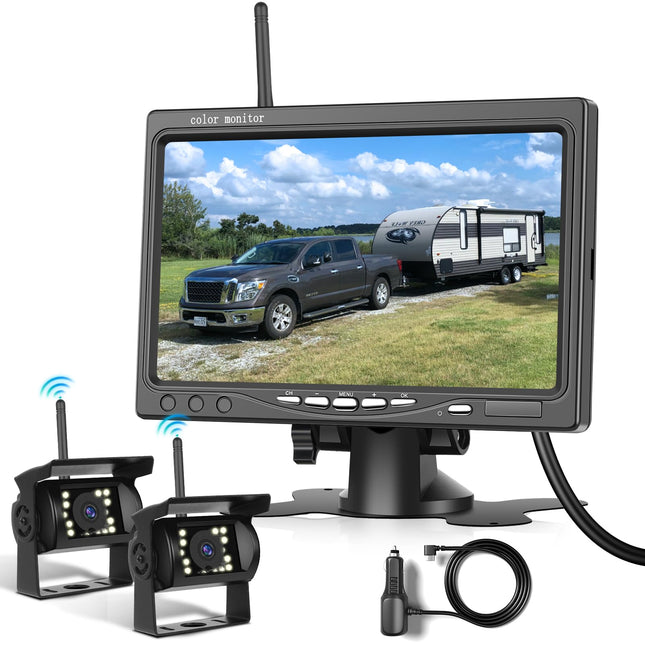 1080P HD juhtmevaba tagurduskaamera komplekt, 7-tolline LCD-ekraan kahe tahavaatekaameraga haagise, matkaauto, veoauto, auto, bussi ja isetegemise juhtjoonte jaoks, IP68 veekindel, öise nägemisega, BSD, 12V-36V