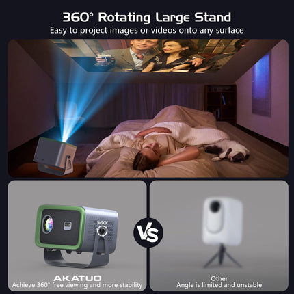 【Autofookus/trapetsikorrektsioon】 Nutikas projektor 360° pöörlemise ja 50% suumiga, natiivne 1080P, 4K tugi, AKATUO kodukino projektor, WiFi6 Bluetooth, videoprojektori bullet-in kõlar