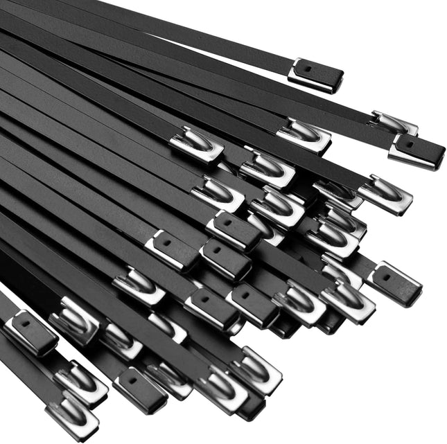 OFFO stainless steel cable ties, 100 pieces, metal cable ties rustproof 400 mm x 4.6 mm, black cable ties UV-resistant, steel cable ties for cable management