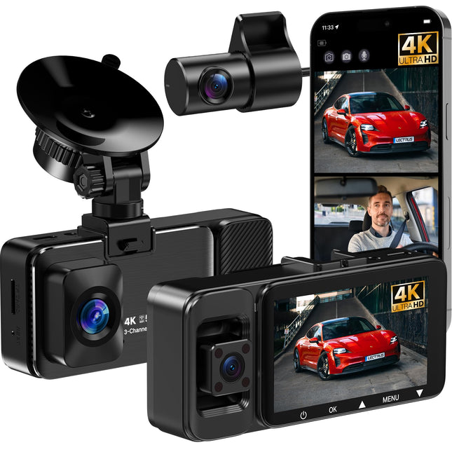 LECTRUS 3-kanaliga 4K videoregistraator eest ja tagantvaatega, 5G WiFi, rakenduse juhtimine, öönägemine, 3" IPS-ekraan, G-andur, 24-tunnine parkimisrežiim, tsükkelsalvestus, 64 GB SD-kaart kaasas