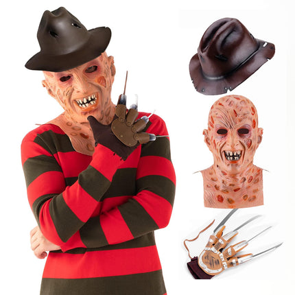 Yearsahrk Freddy Kruegeri kostüüm, 4-osaline õudusunenäo kostüüm, triibuline kampsun, hirmutav mask, kinnas küünisega, kauboi müts, halloweeni cosplay täiskasvanutele (suur)