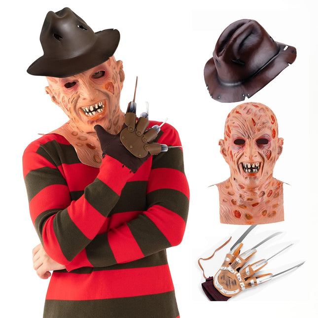 Yearsahrk Freddy Kruegeri kostüüm, 4-osaline õudusunenäo kostüüm, triibuline kampsun, hirmutav mask, kinnas küünisega, kauboi müts, halloweeni cosplay täiskasvanutele (suur)