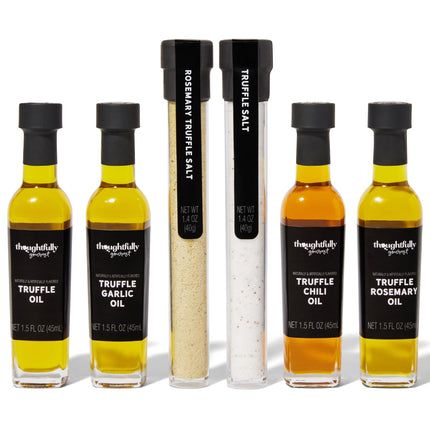 Thoughtfully Gourmet gurmeetrühvli soola ja oliiviõli kinkekomplekt sisaldab 4 esmaklassilist ekstra neitsioliiviõli ja 2 trühvli soola päris trühvlitega, 6 toote komplekt.