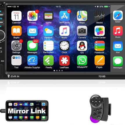 Podofo 2-DIN autoraadio Bluetoothiga, kahe DIN-iga 7-tolline puutetundlik autostereo MP5-mängija koos peegliühendusega iOS-ile/Androidile, FM-raadio, roolil juhtimine, USB/TF/AUX sisend + 7-värviline nupp