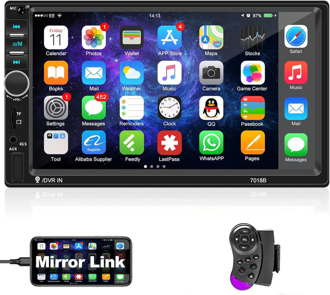 Podofo 2-DIN Car Radio with Bluetooth, Double Din 7-inch Touchscreen Car Stereo MP5 Player with Mirror Link for iOS/Android, FM Radio, Steering Wheel Control, USB/TF/AUX Input + 7-Color Button