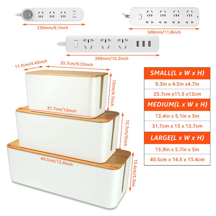 MIVIDE 3-Piece White Cable Box, Cable Box with Wooden Lid, Cable Hide, Large and Small Cable Management (with 3 Wire Ties and 20 Double-Sided Stickers)