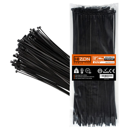 Hizon 150 Pack Black Cable Ties, 300mm x 3.6mm, Premium Tie Wraps, Nylon Cable Ties