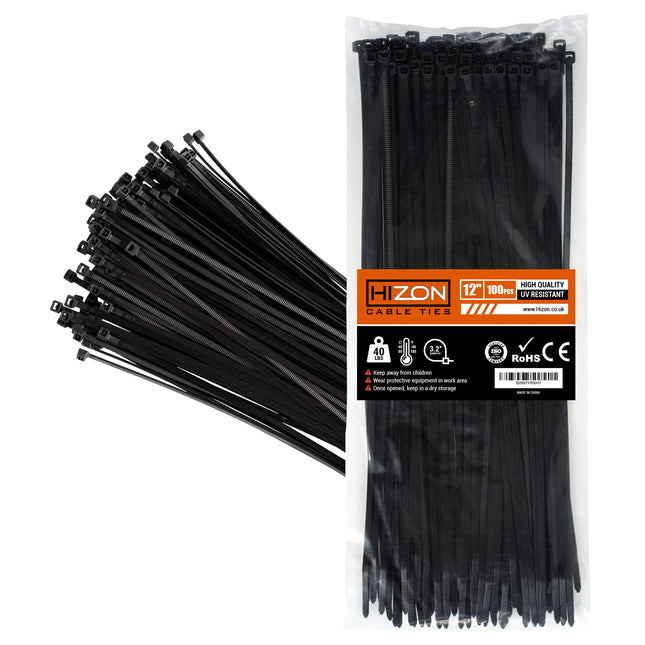 Hizon 150 Pack Black Cable Ties, 300mm x 3.6mm, Premium Tie Wraps, Nylon Cable Ties