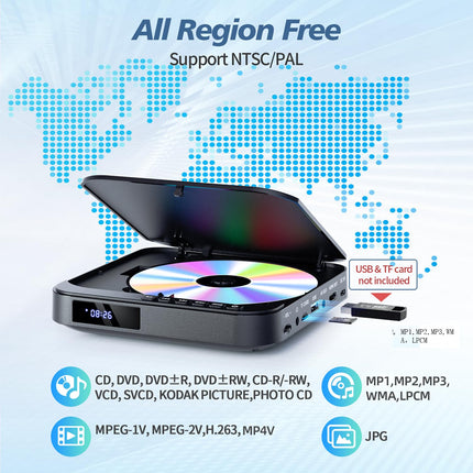 Mini DVD-mängija, DESOBRY DVD-mängija telerile, HD 1080P DVD-mängija HDMI kõigi piirkondadega, USB/TF-kaardi sisend, kaugjuhtimispult, toetab PAL/NTSC-d