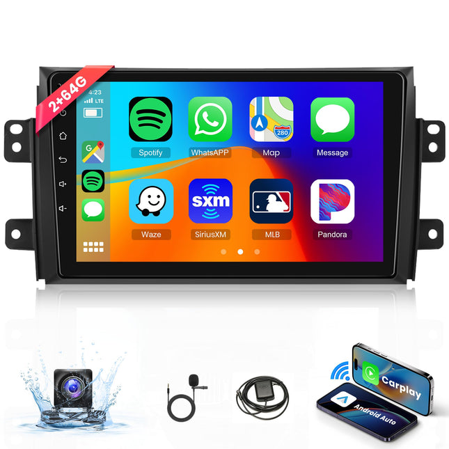 2G+64G Android autoraadio Suzuki SX4 2006-2013 FIAT Sedici 2005-2014 jaoks koos Carplay Android Auto, Rimoody 9-tollise 2.5D puutetundliku ekraaniga autoraadio GPS-navigatsiooniga Bluetooth FM RDS WiFi EQ tahavaatekaamera