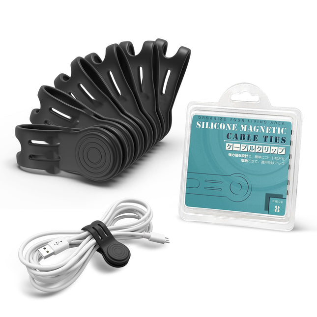 Kcmell Magnetic Cable Ties 8 Pack, Black Reusable Cable Ties Cable Organizers Magnetic Cable Clips Silicone Cord Organizer Cable Ties for Organizing and Bundling Wires,