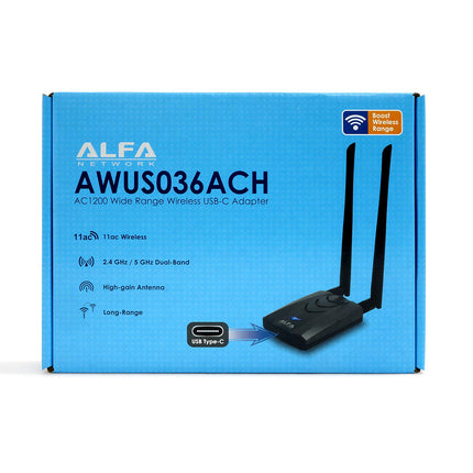 ALFA NETWORK C-tüüpi WiFi USB, pika levialaga kahesageduslik AC1200 traadita USB WiFi-adapter 2x 5DBI välise antenniga - 2.4GHz 300Mbps / 5GHz 867Mbps