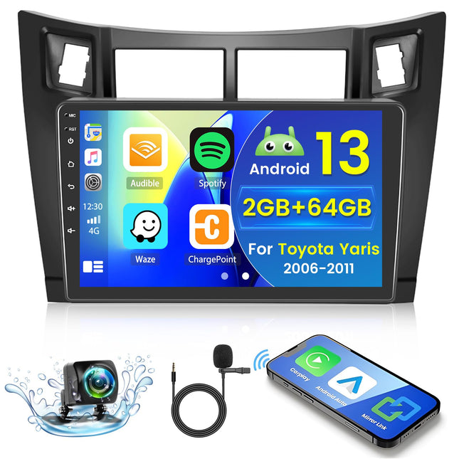 [2+64GB] Android 13 Car Radio, Wireless Carplay Android Auto, for Toyota Yaris 2006-2011 Radio, 9" Screen, Bluetooth, Mirror Link, GPS WiFi FM SWC USB EQ