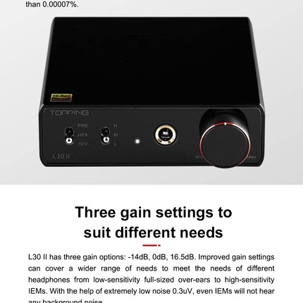 TOPPING L30II NFCA Linear Headphone Amplifier – 6.35 mm Jack 3.5 mm Adapter RCA Input and Output 37 Vpp High Output Voltage Mini HiFi Amp Audio Hi-Res Preamplifier Black