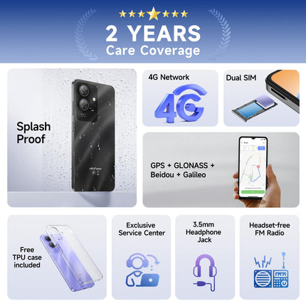 Ulefone Note 21 mobiiltelefon 2025 Android 14 8GB + 128GB / 1TB SD Octa Core 6.56" HD+ 2.5D 90Hz 13P + 8MP kaamera 5000mAh nutitelefon ilma lepinguta 4G kahe SIM-kaardiga sõrmejäljelugeja + näotuvastus GPS OTG 2-aastane garantii