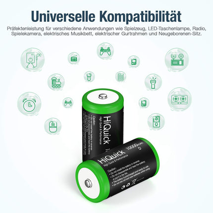 HiQuick 4 x Mono D battery, NI-MH rechargeable D battery, high capacity 10000mAh, 1200 charging cycles, 1.2V type D battery