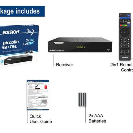 EDISION PICCOLLO S2+T2/C kombineeritud HD-vastuvõtja H.265/HEVC (DVB-S2, DVB-T2, DVB-C | ARD ja ZDF SD väljalülitusvõimalusega), Unicable'iga ühilduv, CI, 2x USB, HDMI, RCA, LAN, eelinstallitud Saksa kanalite nimekiri