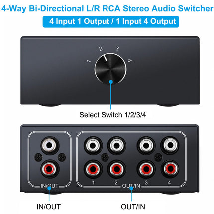 4-Way Bidirectional L/R RCA Stereo Audio Switcher, 1 in 4 Out or 4 in 1 Out, L/R Sound Channel Audio Splitter Audio Selector Switch Box for DVD Stereo Speaker CD Player