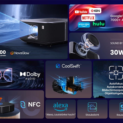Yaber K3 nutiprojektor 【1600 ANSI ja Google TV ning heli JBL-ilt】 Päevavalgusprojektor WiFi 6 ja Bluetoothiga, mobiilne projektor kodukino ja õue jaoks, automaatne pildi reguleerimine, Netflix ja üle 7000 rakenduse (hõbehall)