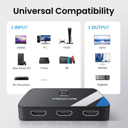 NEWCARE HDMI-lüliti 3 sisse-1 väljundiga koos 2,6 jala pikkuse kaabliga, 4K@60Hz HDMI-jaotur 3 sisse-1 väljundiga, 3-pordiline HDMI-lüliti jaotur, mis toetab Dolby Atmos HDR10-t