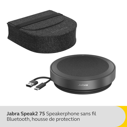 Jabra Speak2 75 wireless Bluetooth speakerphone, 4 noise-cancelling microphones, 65 mm wideband speaker, super wideband audio, MS Teams certified, dark grey