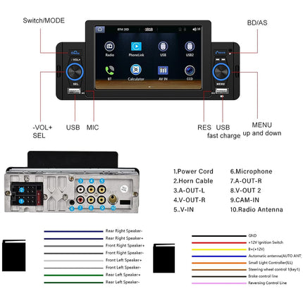1 DIN autoraadio, 5-tolline puutetundliku ekraaniga autoraadio, Bluetooth-vabakäesüsteem, ühe DIN-iga FM-raadio koos peegliühendusega BT/USB/AUX-sisend/SD-kaardi pesa/rooliratta juhtimine + tahavaatekaamera + mikrofon