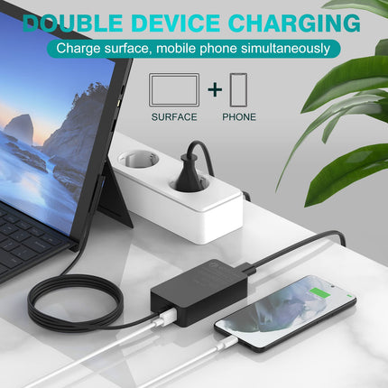 Surface'i laadimiskaabel 65W 15V 4A Microsofti laadija toiteplokk Surface Pro 11/10/9/8/7/Pro 7+/Pro 6/Pro 5/Pro 4/Pro 3/X, Surface Laptop 7/6/5/4/3/2, Surface Go 4/3/2, Surface Book 3/2/1 jaoks, USB-pordiga