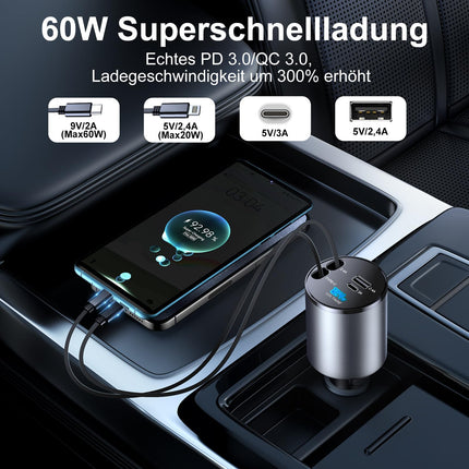 AmazeFan Retractable Car Charger 60W Mobile Phone Fast Charger, 12V USB Cigarette Lighter Adapter with Lightning and Type-C Cable, Car Charger USB C Compatible with iPhone/Galaxy/Pixel/Google Pixel