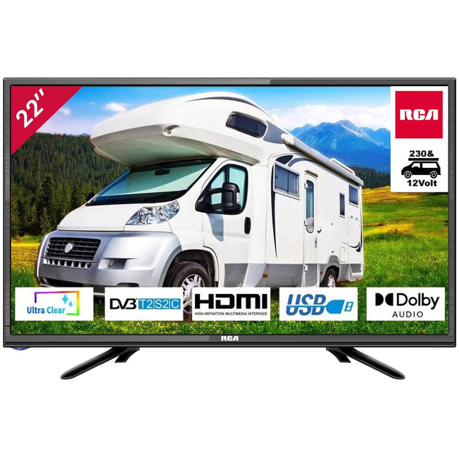 RCA iRB22H3C 22-inch (56 cm) TV, Dolby Audio, Triple Tuner DVB-C/T2/S2, VGA, HDMI, USB, digital audio output, including hotel mode, 230V &amp; 12V car adapter, optional for motorhomes, 2023