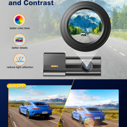 Auto armatuurlaud esi- ja tagaosa 4K+1080P topeltkaamera armatuurlaual, 360° pööratav, 64 GB SD-kaardiga, 1,47-tolline IPS mini-autokaamera CPL-iga, superöine nägemine, WDR, G-andur, tsükkelsalvestus, rakenduse juhtimine, max 256 GB
