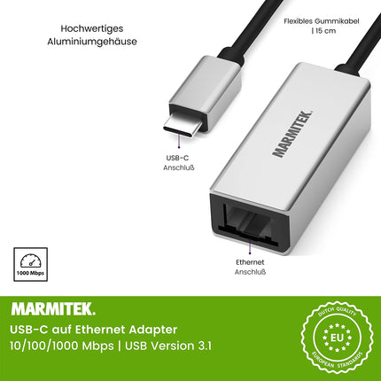 USB C Etherneti adapterkaabel - Marmitek UE24 - Ühenda Thunderbolt LAN-iga - Ühenda oma Mac või sülearvuti ruuteriga isegi siis, kui ÜKS RJ45 port puudub - USB-C muundur