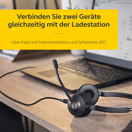 Jabra Engage 65 SE juhtmevaba stereopeakomplekt professionaalseteks kõnedeks, DECT-turvalisus, 13-tunnine aku, terve päeva kestev alus, toiteadapter, USB-C-kaabel, koosolekurakenduse ühilduvus