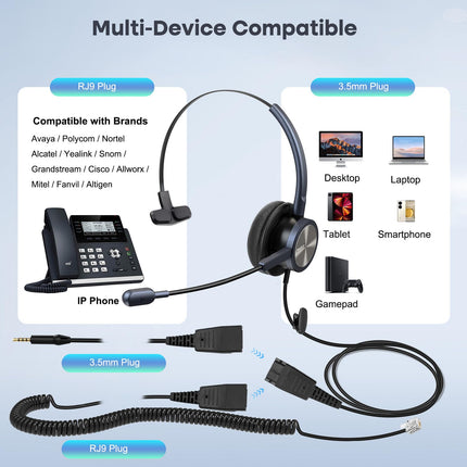 Mikrofoniga telefonipeakomplekt Cisco lauatelefonidele, mono kontori kõnekeskuse kõrvaklapid RJ9 pesaga Jabra Cisco 7841 7942 7960 7961 7962 8841 jaoks, 3,5 mm adapteriga mobiiltelefonide, arvutite ja sülearvutite jaoks