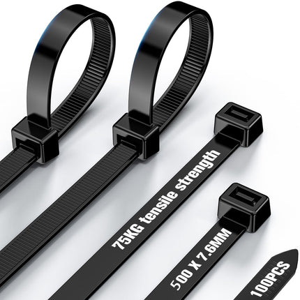 NORSHY Cable Ties Black Resealable 500 mm x 7.6 mm, Cable Ties UV-Resistant 75KG Ultra Strong, Heat-Resistant Zip Ties 100 Pieces for Cable Management, Gardening, Workshops