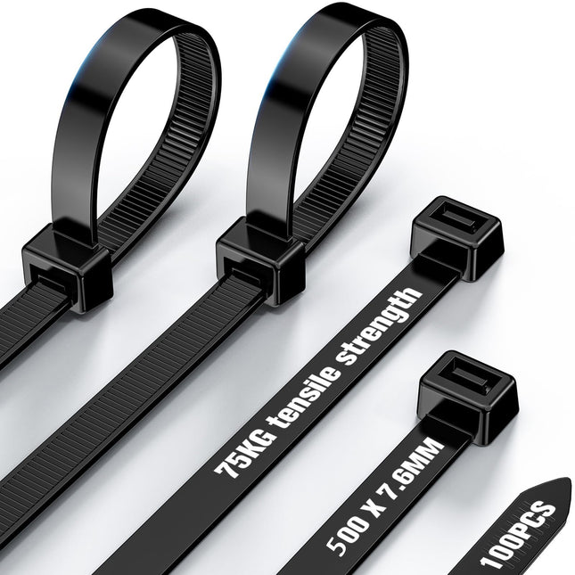NORSHY Cable Ties Black Resealable 500 mm x 7.6 mm, Cable Ties UV-Resistant 75KG Ultra Strong, Heat-Resistant Zip Ties 100 Pieces for Cable Management, Gardening, Workshops