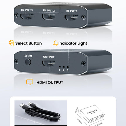 avedio lingid HDMI-lüliti koos 3,9 jala pikkuse HDMI-kaabliga, 4K@60Hz alumiiniumist HDMI-lüliti 3 sisse- ja 1 väljundiga, HDMI-jaotur 3 sisse- ja 1 väljundiga, toetab 3D-d, HDCP2.2, HDR10, 18 Gbit/s Fire Sticki, PS5, Xboxi, DVD ja Blu-Ray jaoks