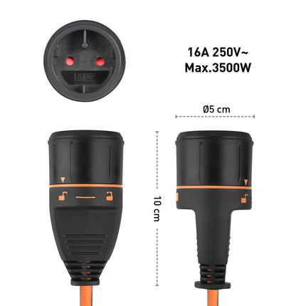 Electraline 49248 kaablirull 40M 2x1.5 koos Electralock pistikupesaga ja toiteühenduse lukustussüsteemiga, mis hoiab ära ühendatud seadme juhusliku lahtiühendamise kasutamise ajal.