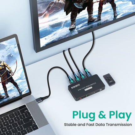 HDMI-lüliti automaatne, HDMI-lüliti 4k jaotur 3 sisse ja 1 välja, lüliti kaugjuhtimispuldiga, jaotur toetab UHD 4K 3D HDR HDCP1.4 TV Stick Xbox PS4 Blu-Ray DVD jaoks