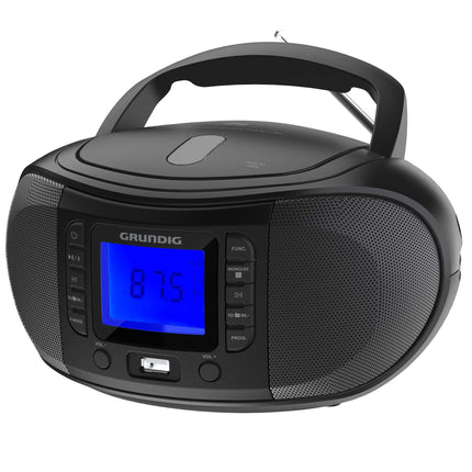 GRUNDIG GRB 3500 kaasaskantav raadio boombox Bluetoothiga, integreeritud CD-mängijaga, USB 2.0 pordiga, 3,5 mm kõrvaklapipesaga, FM-vastuvõtja PLL-sagedushäälestusega, 30 jaama eelhäälestusega, must
