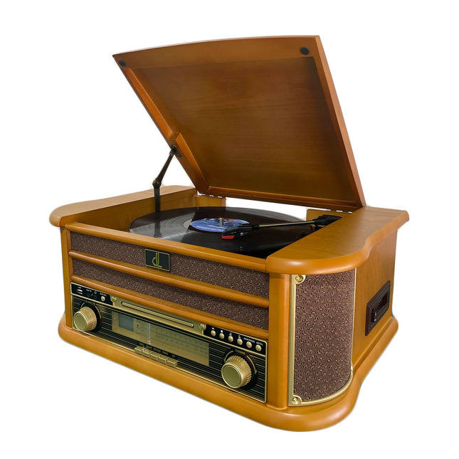 Retro plaadimängija kõlariga, AM/FM-raadio, CD-mängija, kassettmakk, USB-taasesitus ja -salvestus, vintage-disainiga plaadimängija