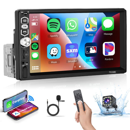 Podofo Carplay 1Din autoraadio 7-tollise ekraaniga, Bluetooth 5.1, Android Auto, peegliühendus iOS-ile ja Androidile, mikrofon/SD/USB/ekvalaiser/rooli juhtimine 7 värvilise nupuga ja tahavaatekaameraga