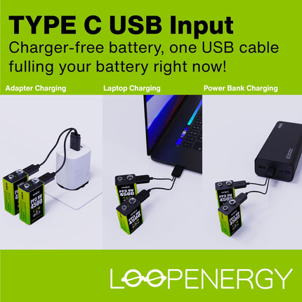 VERICO LoopEnergy 9V Block 4-pack, PP3, 4500 mWh, Rechargeable USB-C Battery, Li-Ion Battery, 2 x Charging Cables USB Type A to 2 x Type C