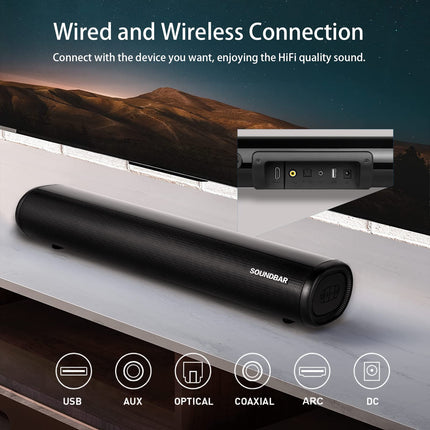 Bluetooth Soundbar for TV devices, PC speakers, remote control included, compact, with 3 EQ modes for TV 4K Home Cinema, PC, video projector, mobile phones