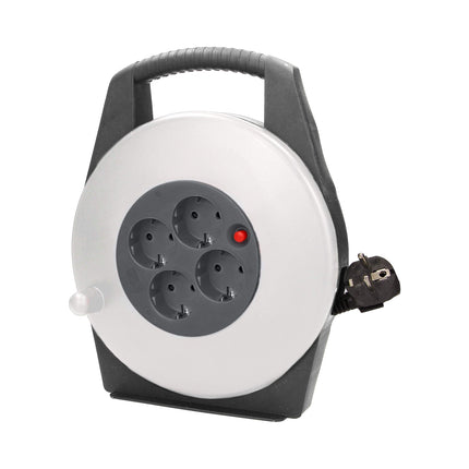 Orno AE-13113(GS)/G Mini cable reel 10m with 4 sockets, stand and child safety contacts, 2300W / 10A, 230V, 50Hz, dimensions 22.5 x 28 x 8 cm