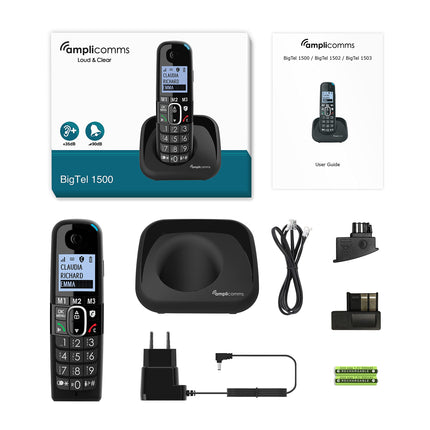 Amplicomms BigTel 1500 cordless DECT large button phone, audio boost, extra loud ringtones, hearing aid compatible, do not disturb