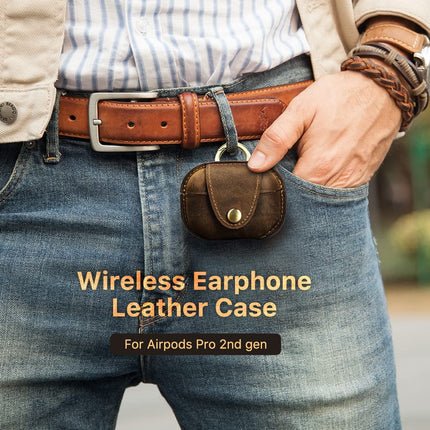 Hiram Leather Earphone Case Dustproof Genuine Leather Cover for Air Pods Pro 2nd Generation Wireless Headphones Protective Case with Charging Port and Carabiner (Coffee)