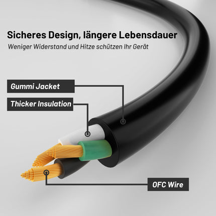 Vickwire kummist pikenduskaabel 10m välistingimustes kasutatav kaabelkaabli pikendused kaitsekontaktiga pistikuga Schuko pikendus 16A/250V, must, H05RR-F 3G1.5 mm²