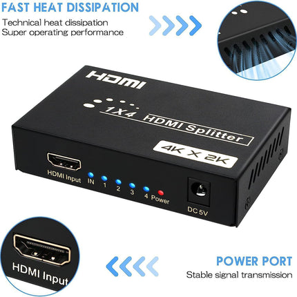 TCNEWCL 4K HDMI jaotur 1 sisend 4 väljundit samaaegne 1x4 audio-video HDMI jaotur toiteallikaga, toetab 3D-d, HDCP-d, ühildub HDTV, Xboxi, PS4, Blu-ray-mängija ja projektoriga