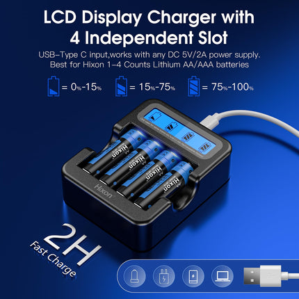 Hixoni laetav 1,5 V AA liitiumaku, 3500 mWh 1600 laadimistsükliga, 2,0-tunnine kiirlaadimine, 4 1,5 V AA liitiumakut ja musta nutika LCD-ekraaniga laadija