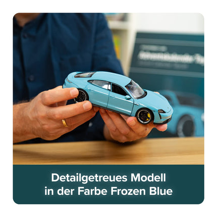 FRANZIS 67203 - Porsche Taycan Advent Calendar Frozen Blue, metal model kit in 1:24 scale, including LED showroom lighting and 52-page accompanying book